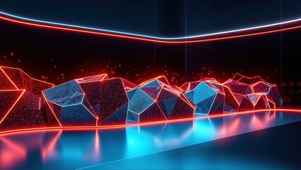 Naklejka premium Abstract polygonal landscape glows with neon lights. Dark room creates futuristic, digital atmosphere. Red, blue hues dominate scene.