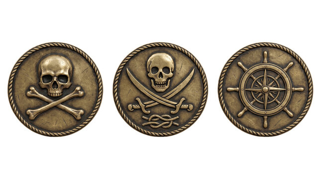 Set of vintage bronze pirate coins with skull crossbones crossed swords and ship wheel isolated transparent PNG cutout elements.