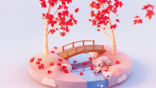 Stylized miniature landscape. Bridge spans small stream, trees display autumn foliage. Soft lighting, pastel colors create serene scene.