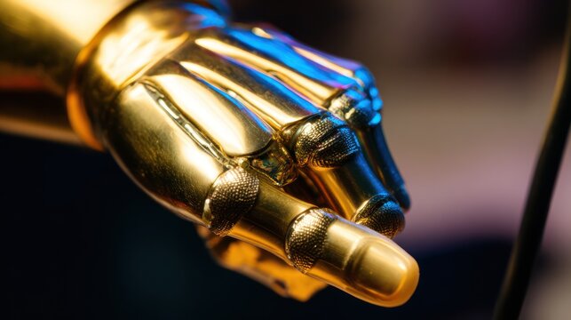 Close up of golden robotic hand with detailed joints and textures