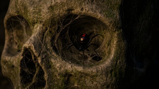 Spooky Halloween scene with a creepy black widow spider nesting inside the eye socket of an old weathered human skull covered in dusty cobwebs