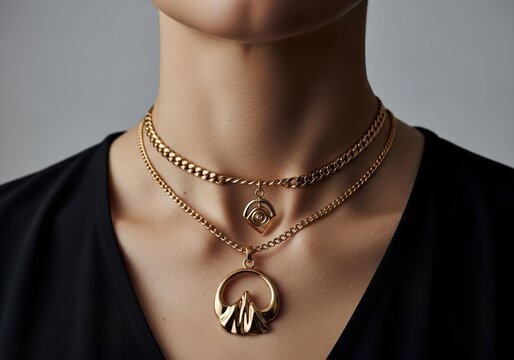 Woman wearing layered gold chain necklaces with round circle pendants