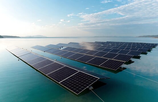Floating solar panels array on calm water body under clear sky