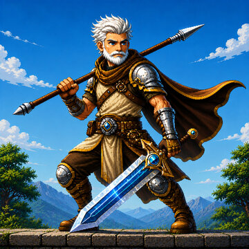 Old warrior hero with white hair and armor in 16-bit pixel art style