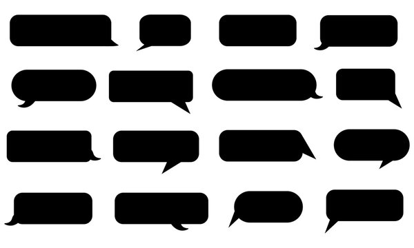 Black speech bubble silhouettes set, collection of 16 chat icons for messaging, minimalist talk clouds for digital communication