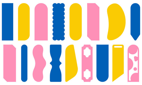 Colorful geometric label set, 18 vibrant sticker shapes in blue yellow and pink, modern abstract tag collection for digital design