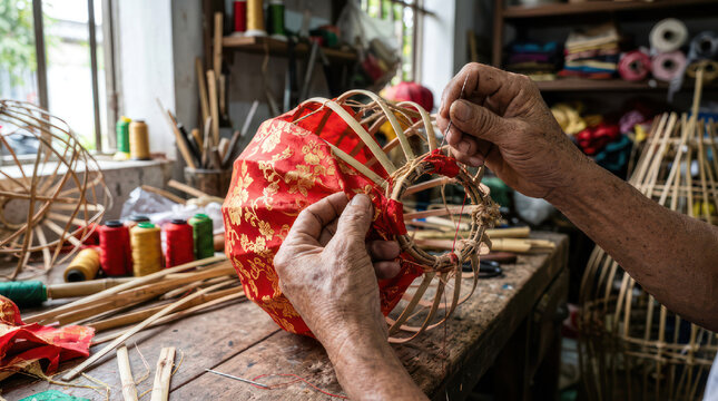 Artisan crafting a traditional red lantern by hand.