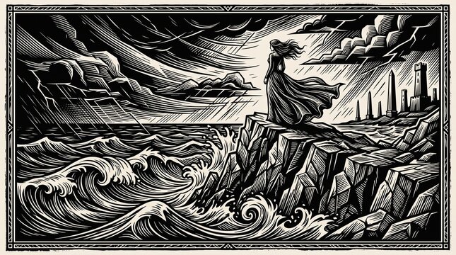 Retro vintage woodcut engraving of a woman standing on a rocky cliff edge overlooking a turbulent stormy sea and distant industrial city skyline under dark atmospheric windswept clouds