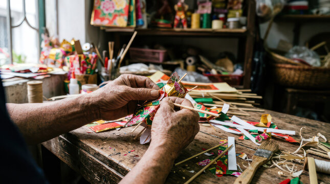 Artisan hands crafting intricate colorful puppets at a cluttered workbench.