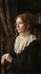 Fototapeta premium Elegant Woman in Vintage Attire with Classic Interior Background.