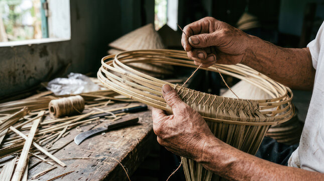 Artisan hands weaving a traditional wicker basket with natural materials.