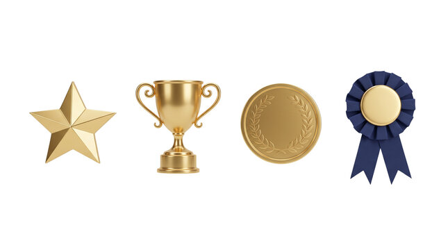 3D Gold Award Set Featuring Trophy Cup Golden Star Medal and Blue Ribbon Rosette Icon Isolated Transparent PNG Cutout Elements