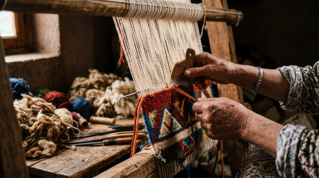 Artisan hands weaving colorful threads on a traditional loom.
