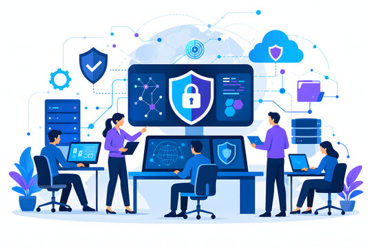 flat vector illustration of a professional cybersecurity team protecting a digital business ecosystem, analysts monitoring abstract network connections, security shields, encrypted data streams, cloud