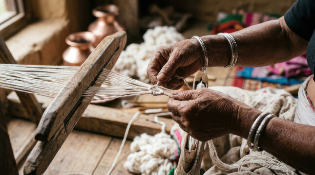 Artisan hands weaving threads on a traditional loom.