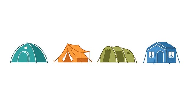 A collection of colorful camping tents in different styles and shapes isolated on a white background