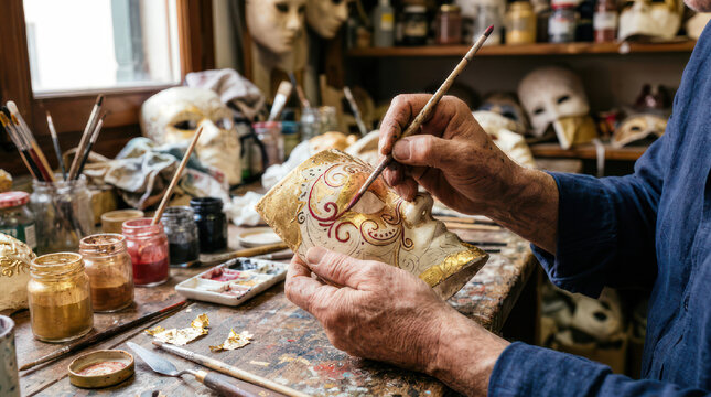 Artisan meticulously painting a decorative mask in workshop.