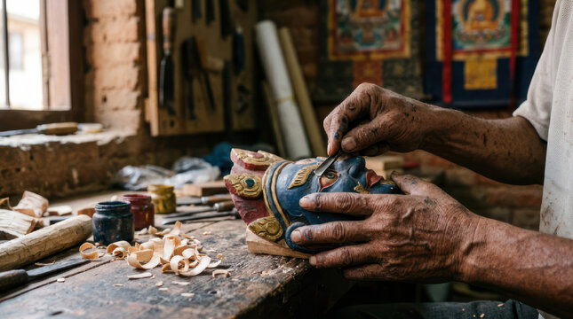 Artisan meticulously carves a colorful wooden mask with intricate details.