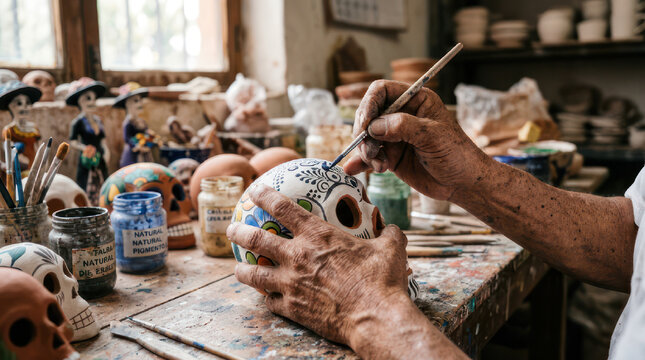 Artist hand painting a ceramic skull with intricate details.