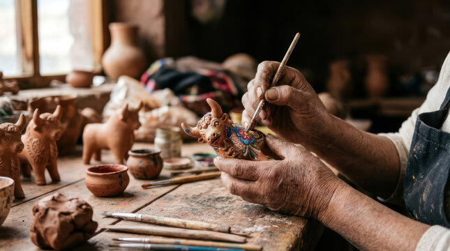 Artist hands painting small ceramic animal figurines on a wooden table.