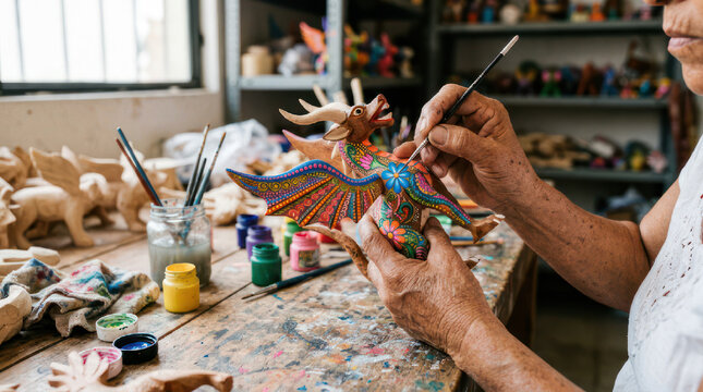 Artist painting a colorful dragon sculpture with fine detail brushes.