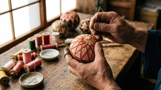 Craftsman hands carving intricate details into wooden sphere.