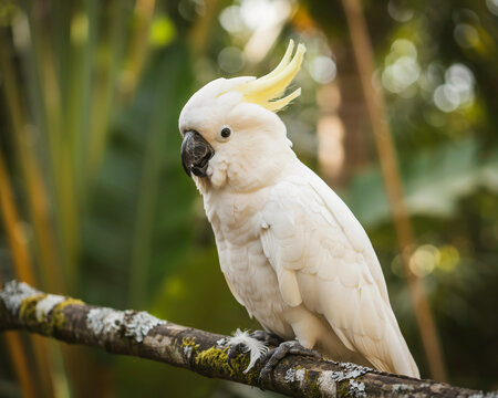 Sulphur Crested Cockatoo Perched on a Mossy Branch