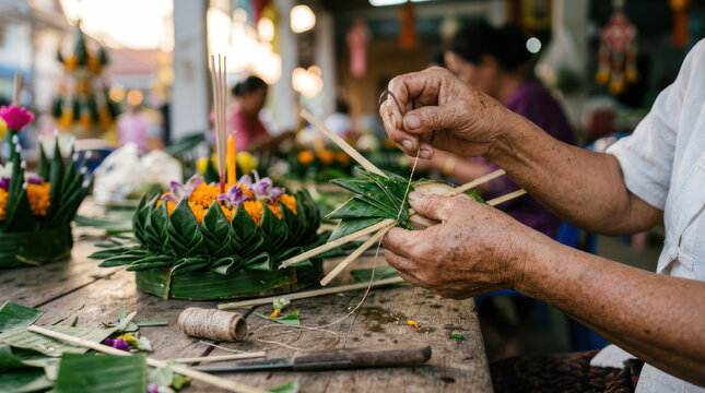 Hands crafting traditional Krathong for Loy Krathong festival celebration.