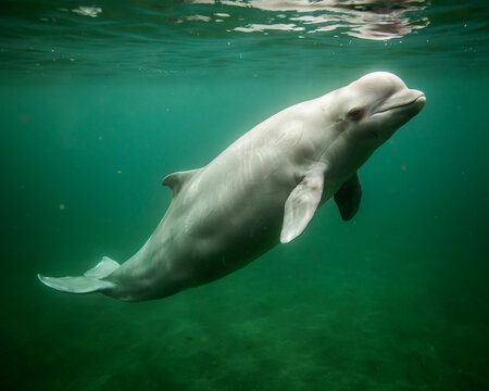 White dolphin swimming underwater in green ocean water
