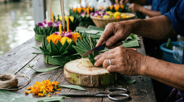 Hands crafting traditional Thai krathong for Loy Krathong festival.