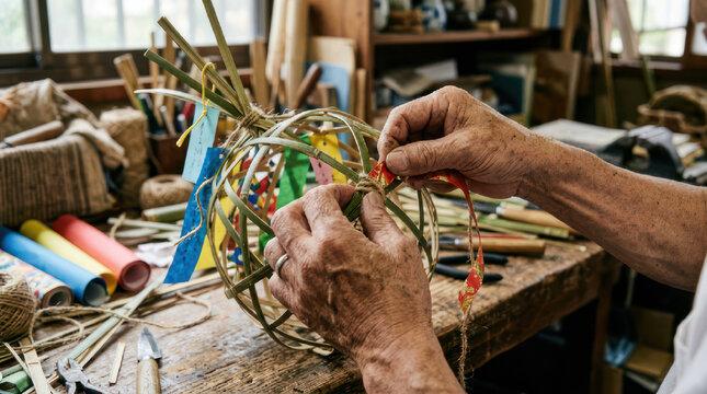 Hands weaving a decorative sphere with colorful ribbons and natural materials.