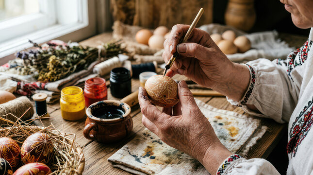 Woman decorating Easter eggs with traditional patterns using a brush and paints.