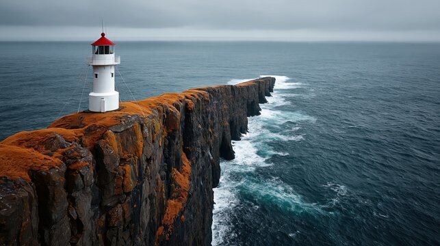 Remote lighthouse standing proudly on a rugged cliff above crashing waves in a dramatic coastal landscape