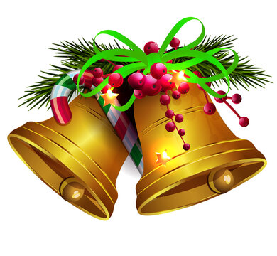 Merry Christmas. Golden Christmas bells with red berries.