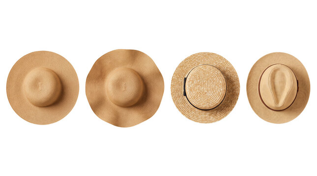 Set of Stylish Summer Straw Hats Top View Cutout Isolated Element PNG for Travel Beach Fashion and Graphic Design