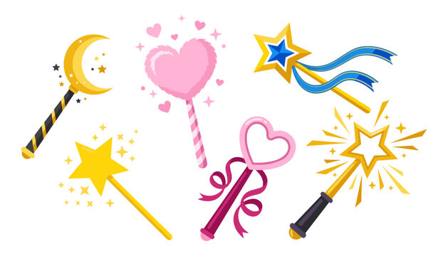 Magic wands cartoon vector collection featuring glowing star moon and heart shapes for fairy tale princess designs isolated on white.