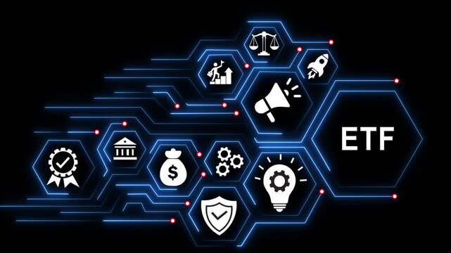Etf investment concept: digital financial technology hud interface with glowing and network connectivity