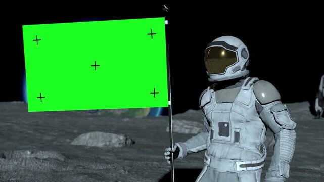 Sci-fi Lunar astronaut walks on the moon with green screen flag, placing a flag pole on the Moon surface, and salutes. You can track and add your flag with your logo.