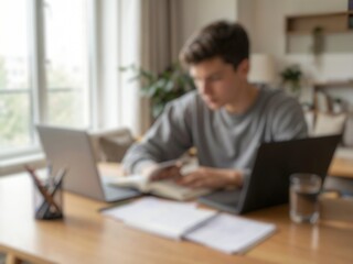 Fototapeta premium Blurred home office scene showing a man using a laptop at a desk, suitable for freelance work, digital business, and professional lifestyle concepts.