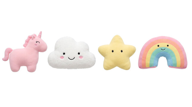 Cute Plush Toys Set of Pink Unicorn White Cloud Yellow Star and Rainbow Nursery Decor Cutout Isolated Transparent PNG