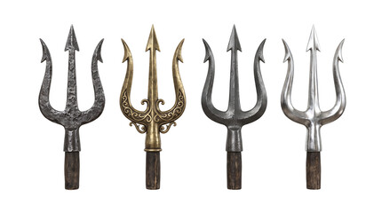 Set of Four Ancient Mythological Metal Tridents Poseidon Spear Graphic Isolated Cutout PNG Element © creativestock
