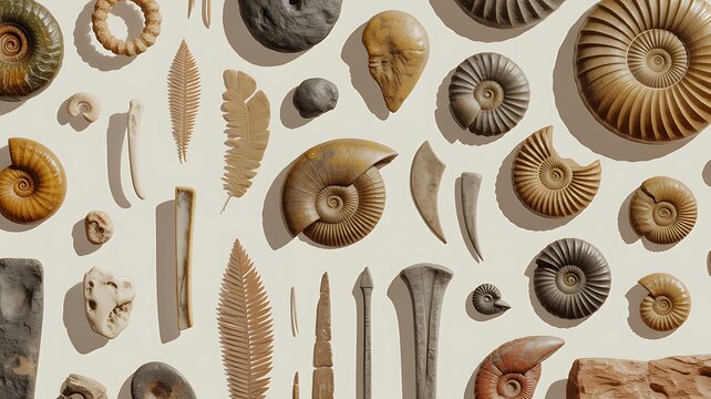 Collection of ancient prehistoric fossils and artifacts isolated.