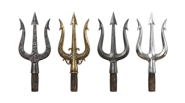 Set of Four Ancient Mythological Metal Tridents Poseidon Spear Graphic Isolated Cutout PNG Element