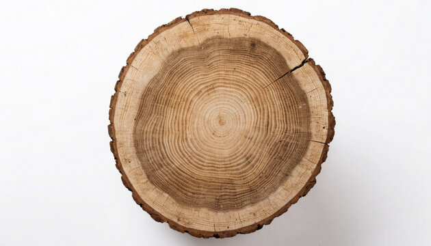 Round wooden tree slice with concentric rings, isolated on white background