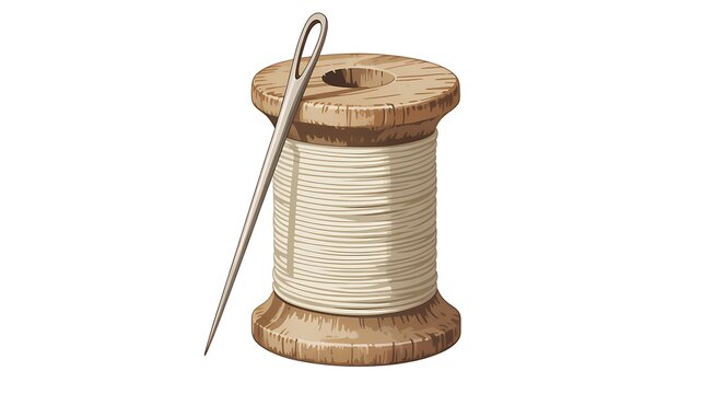 Antique wooden spool of cream thread with metal needle, isolated on transparent background