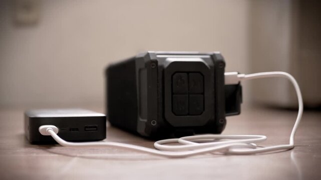A rugged black Bluetooth speaker is connected to a portable power bank on a wooden floor. Concept of mobile power, modern technology, and convenient outdoor charging solutions.