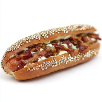 Deliciously chaotic hot dog topped with rhinestones, crispy bacon, and spicy jalape&ntilde;os at a vibrant outdoor festival
