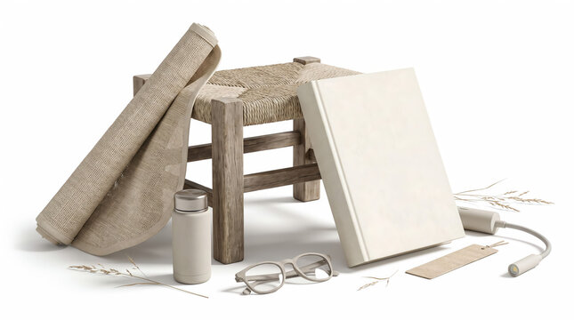 Minimal Summer Outdoor Relaxation Set with Woven Chair, Mat, Bottle and Accessories