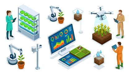 Fototapeta premium Smart Agriculture and Isometric Agrotech Vector Illustration Set with Drone Monitoring, Robotic Arms, Vertical Farming, and Smart Dashboard Data Analytics Graphics
