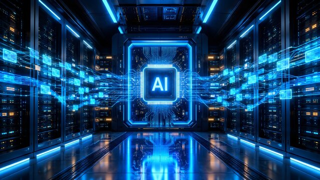 Massive glowing AI processor chip floating in a server room with complex digital data streams